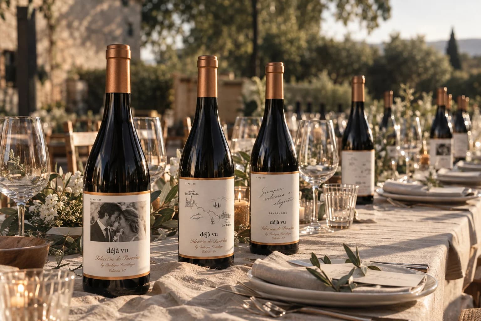 Botellas Déjà Vu personalizadas en la mesa de una boda